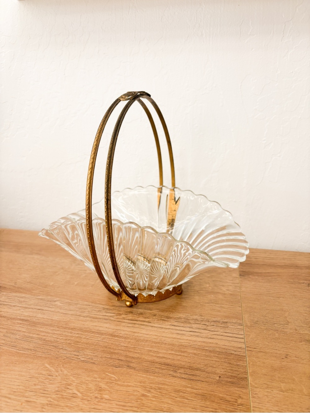 Vintage Ribbed Glass and Brass Ormolu Basket 9”